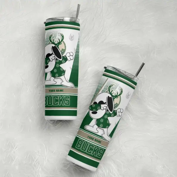 custom milwaukee bucks snoopy dog green white skinny tumbler top rated.webp