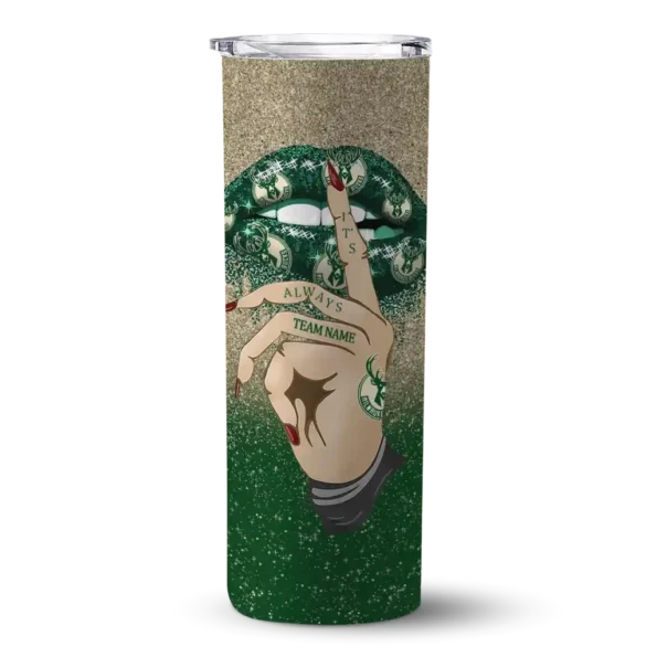 custom milwaukee bucks sparkle lips green skinny tumbler best selling 1.webp