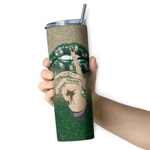 custom milwaukee bucks sparkle lips green skinny tumbler premium grade.webp