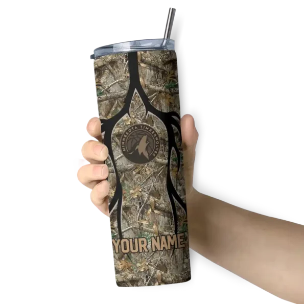 custom minnesota timberwolves antler flow camo skinny tumbler premium grade.webp
