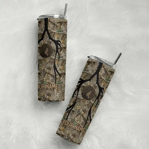custom minnesota timberwolves antler flow camo skinny tumbler top rated.webp