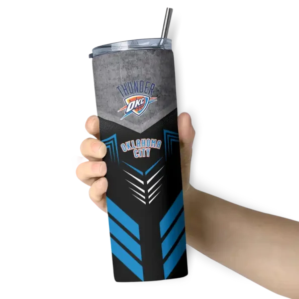 custom oklahoma city thunder hexagon honeycomb blue black skinny tumbler premium grade.webp