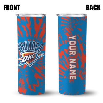 custom oklahoma city thunder metallic grid blue skinny tumbler fashion forward.webp