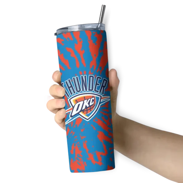 custom oklahoma city thunder metallic grid blue skinny tumbler premium grade.webp