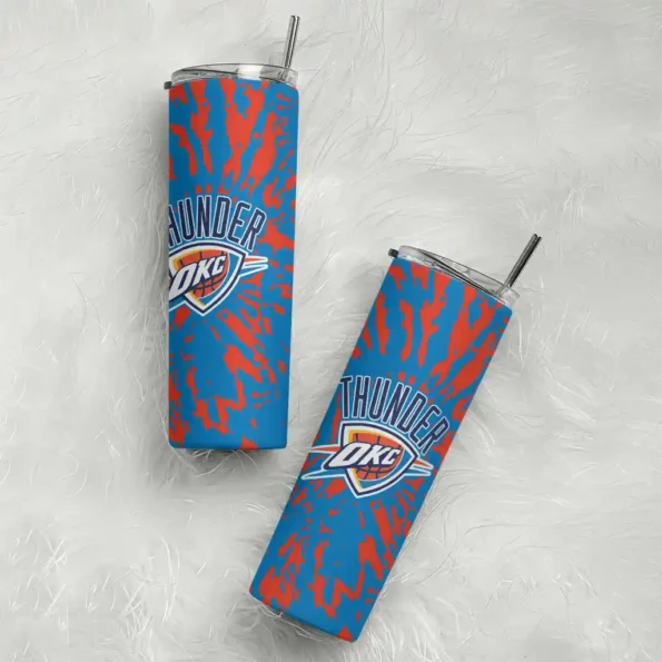 custom oklahoma city thunder metallic grid blue skinny tumbler top rated.webp