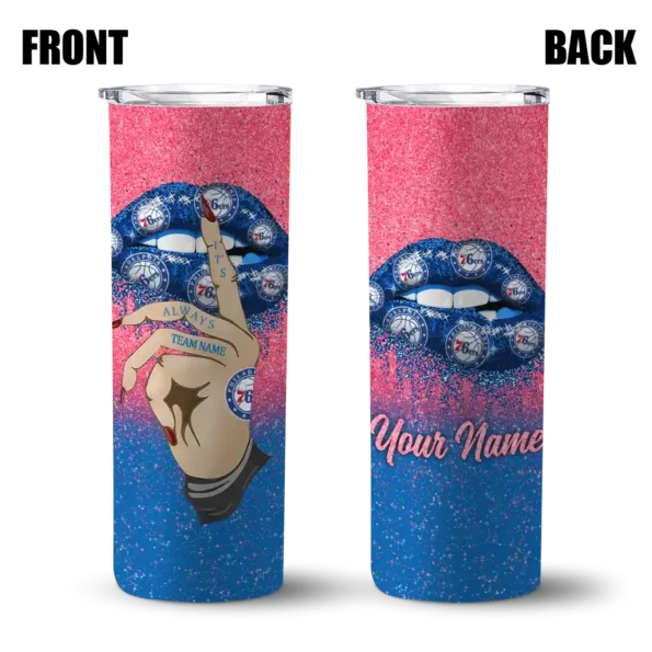 custom philadelphia 76ers sparkle lips blue skinny tumbler fashion forward.webp