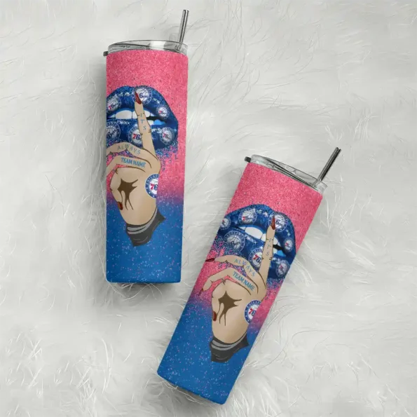 custom philadelphia 76ers sparkle lips blue skinny tumbler top rated.webp
