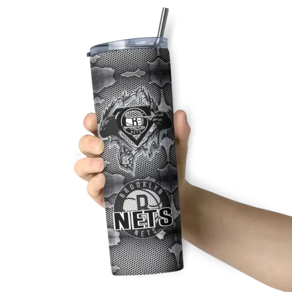 customized brooklyn nets chevron v black gray skinny tumbler premium grade.webp