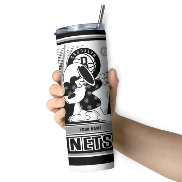 customized brooklyn nets snoopy dog black white skinny tumbler premium grade.webp