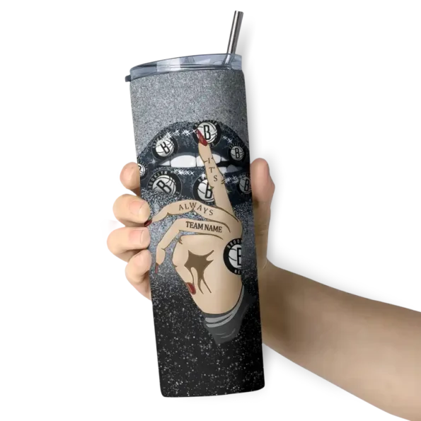 customized brooklyn nets sparkle lips black skinny tumbler premium grade.webp