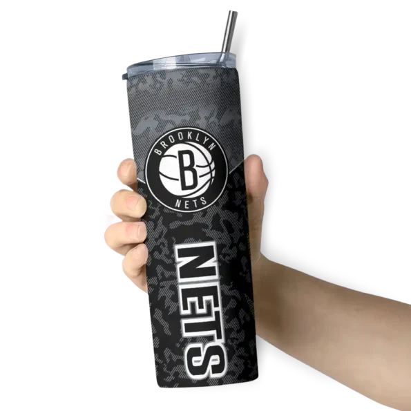 customized brooklyn nets spiral burst print black skinny tumbler premium grade.webp