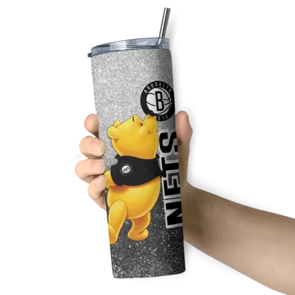 customized brooklyn nets winnie the pooh black gray skinny tumbler premium grade.webp