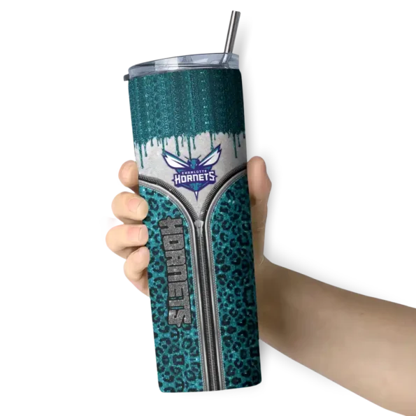 customized charlotte hornets sparkle drip teal skinny tumbler premium grade.webp