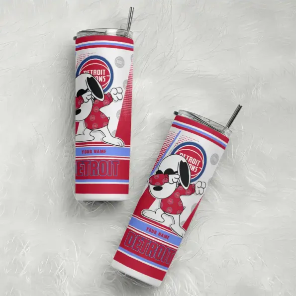 customized detroit pistons snoopy dog red white skinny tumbler top rated.webp
