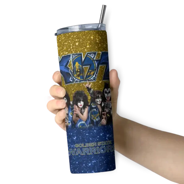 customized golden state warriors kiss band yellow skinny tumbler premium grade.webp