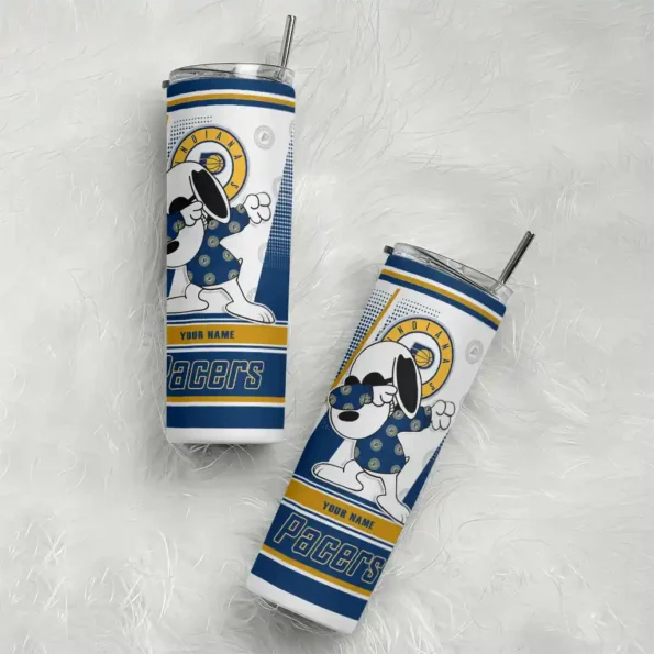 customized indiana pacers snoopy dog blue white skinny tumbler top rated.webp