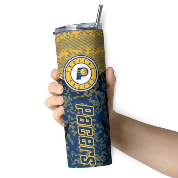 customized indiana pacers spiral burst print blue skinny tumbler premium grade.webp