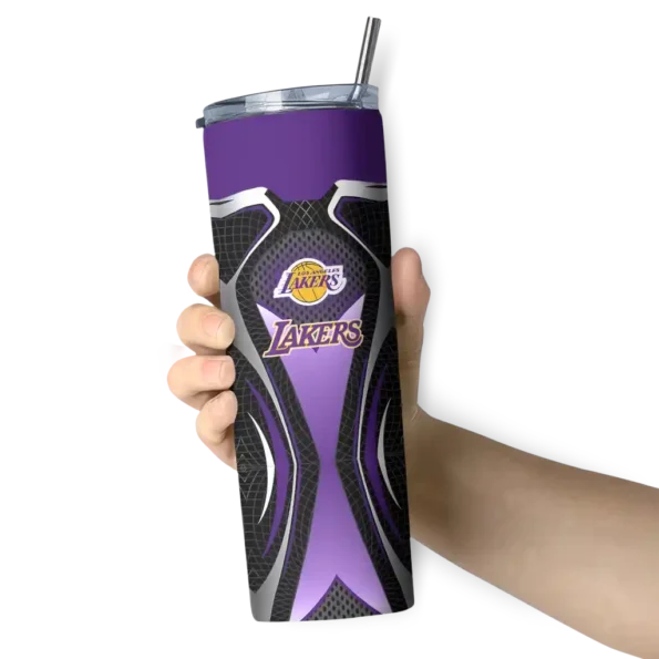 customized los angeles lakers superman emblem purple black skinny tumbler premium grade.webp