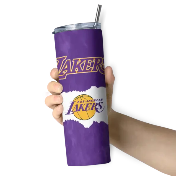 customized los angeles lakers torn band purple white skinny tumbler premium grade.webp