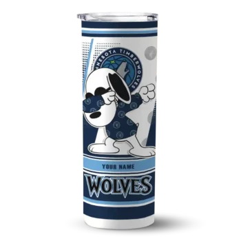 customized minnesota timberwolves snoopy dog midnight blue white skinny tumbler best selling.webp