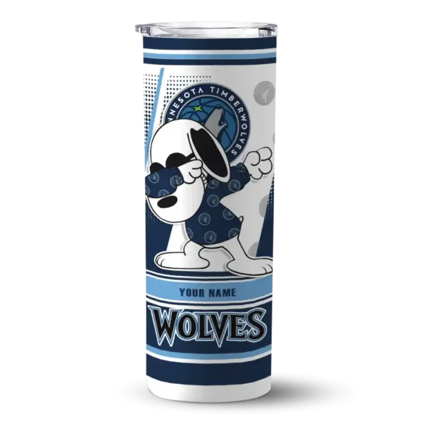 customized minnesota timberwolves snoopy dog midnight blue white skinny tumbler best selling.webp