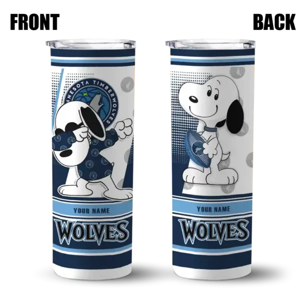 customized minnesota timberwolves snoopy dog midnight blue white skinny tumbler fashion forward.webp