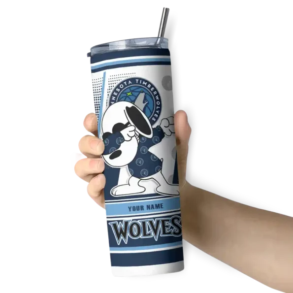 customized minnesota timberwolves snoopy dog midnight blue white skinny tumbler premium grade.webp