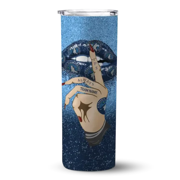 customized minnesota timberwolves sparkle lips midnight blue skinny tumbler best selling.webp