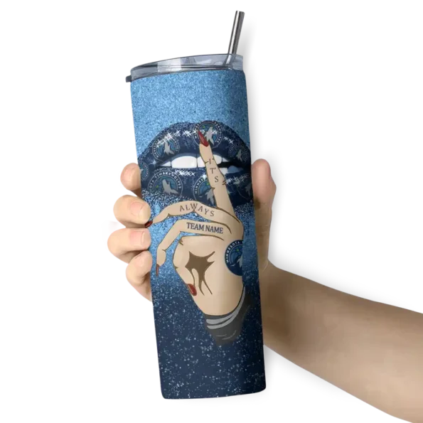 customized minnesota timberwolves sparkle lips midnight blue skinny tumbler premium grade.webp