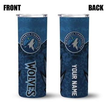 customized minnesota timberwolves spiral burst print midnight blue skinny tumbler fashion forward.webp
