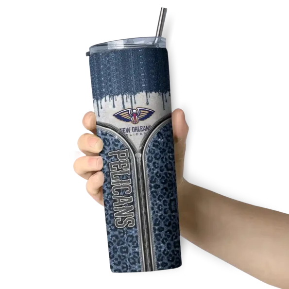 customized new orleans pelicans sparkle drip navy skinny tumbler premium grade.webp