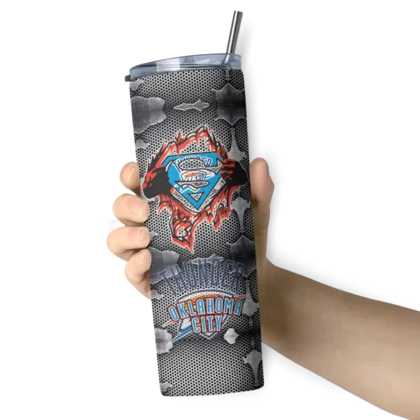 customized oklahoma city thunder chevron v blue gray skinny tumbler premium grade.webp