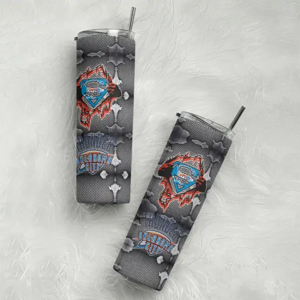 customized oklahoma city thunder chevron v blue gray skinny tumbler top rated.webp