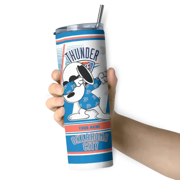 customized oklahoma city thunder snoopy dog blue white skinny tumbler premium grade.webp