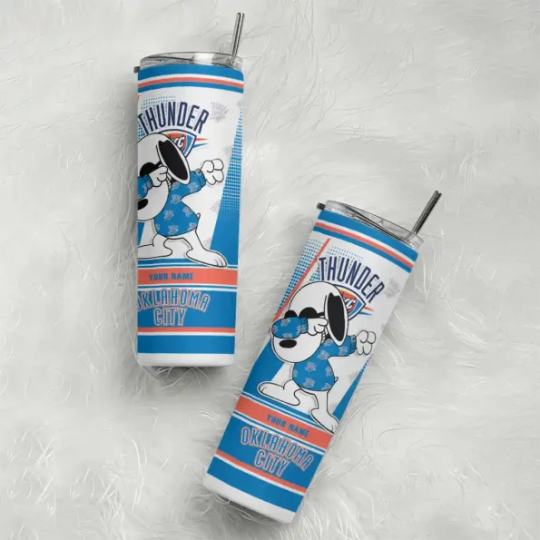 customized oklahoma city thunder snoopy dog blue white skinny tumbler top rated.webp