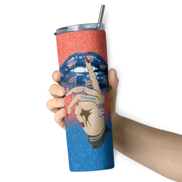customized oklahoma city thunder sparkle lips blue skinny tumbler premium grade.webp