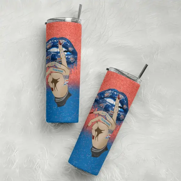 customized oklahoma city thunder sparkle lips blue skinny tumbler top rated.webp