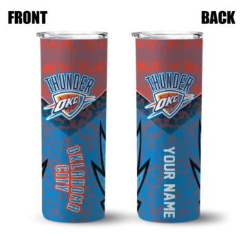 customized oklahoma city thunder spiral burst print blue skinny tumbler fashion forward.webp