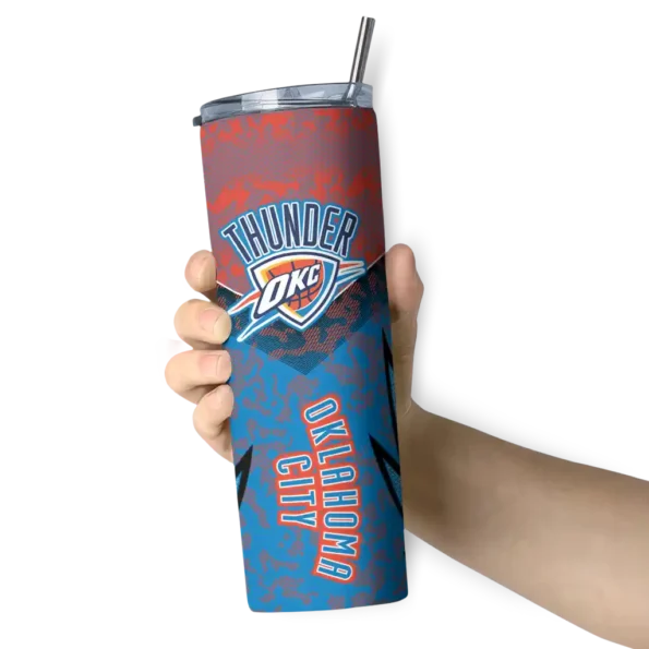 customized oklahoma city thunder spiral burst print blue skinny tumbler premium grade.webp