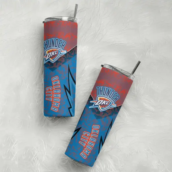 customized oklahoma city thunder spiral burst print blue skinny tumbler top rated.webp
