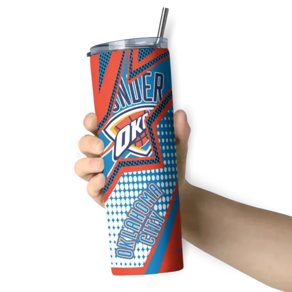 customized oklahoma city thunder web stripes blue white skinny tumbler premium grade.webp
