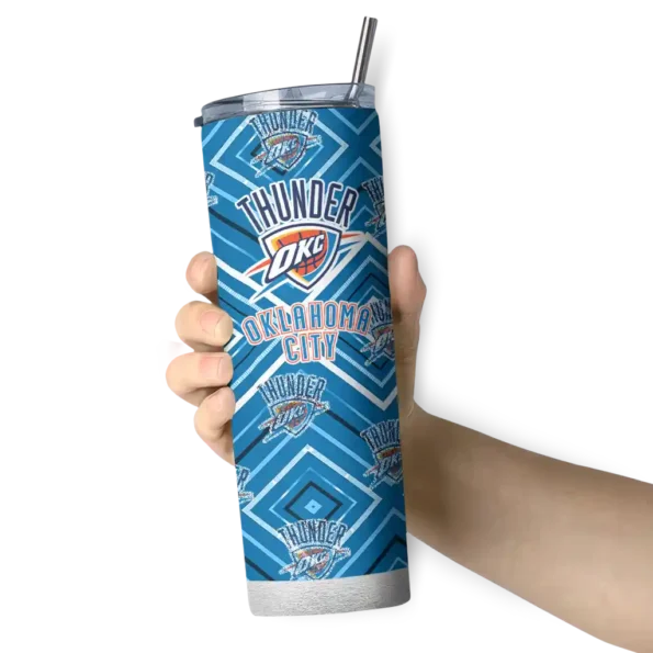 customized oklahoma city thunder zipper leopard blue skinny tumbler premium grade.webp