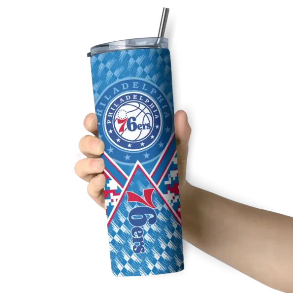 customized philadelphia 76ers monogram burst blue white skinny tumbler premium grade.webp