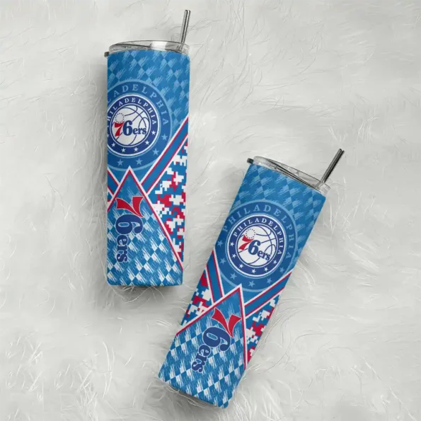 customized philadelphia 76ers monogram burst blue white skinny tumbler top rated.webp