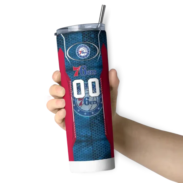 customized philadelphia 76ers stacked diamond blue skinny tumbler premium grade.webp
