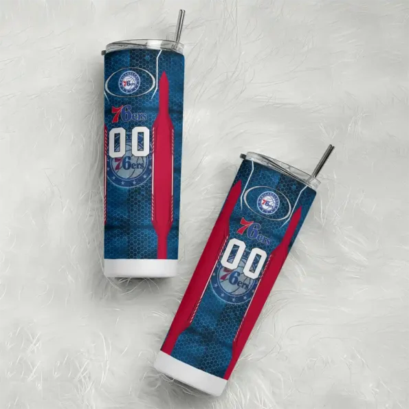 customized philadelphia 76ers stacked diamond blue skinny tumbler top rated.webp