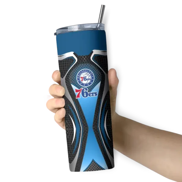 customized philadelphia 76ers superman emblem blue black skinny tumbler premium grade.webp