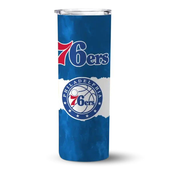 customized philadelphia 76ers torn band blue white skinny tumbler best selling.webp