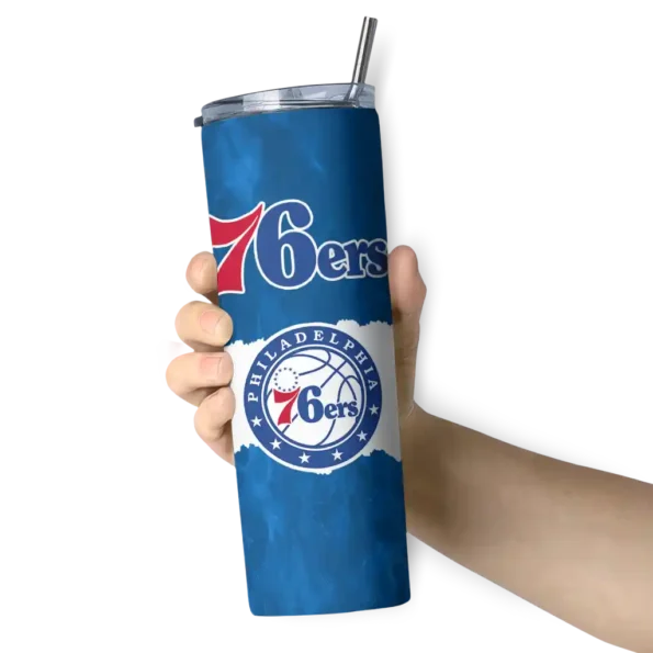 customized philadelphia 76ers torn band blue white skinny tumbler premium grade.webp