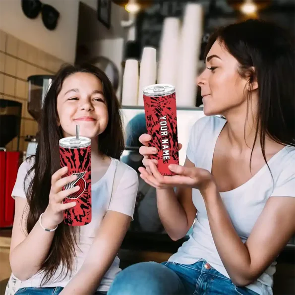 customized portland trail blazers metallic grid red skinny tumbler trendy.webp